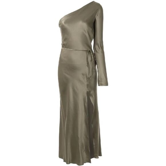 BEC + BRIDGE Classic Silk Asym Midi Dress Green One Shoulder Size 6 - Picture 9 of 12